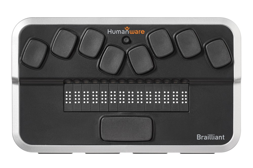 A braille display with keypads. The keypads are arranged in an ergonomic fashion such that the keys are angled the way hands naturally rest.